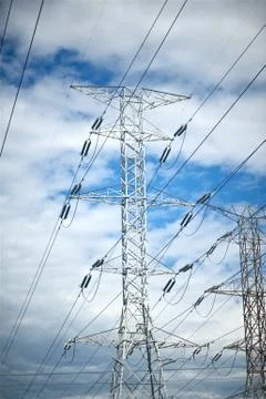 High voltage pole on the blue sky. Foto stock