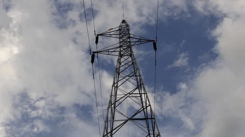 High Voltage Pole moving clouds and blue sky. 4k Accelerate time 動画素材 93069637