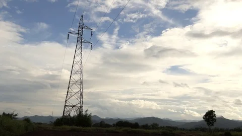 High Voltage Pole moving clouds and blue sky. 4k Accelerate time 動画素材 93070521