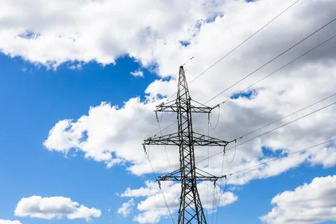 High voltage pole or High voltage electricity tower and transmission power lines Stock Photos