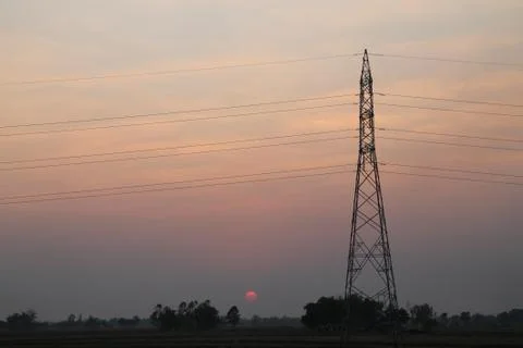 High voltage pole,High voltage tower with sky sunset background. Stock Photos