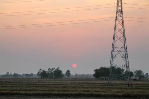 High voltage pole,High voltage tower with sky sunset background. Stock Photos