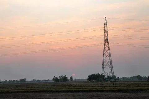 High voltage pole,High voltage tower with sky sunset background. Stock Photos