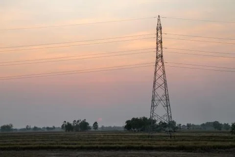 High voltage pole,High voltage tower with sky sunset background. Stock Photos