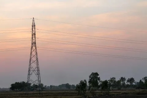 High voltage pole,High voltage tower with sky sunset background. Foto stock