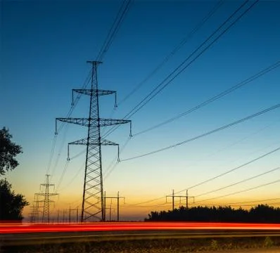 High voltage post. High-voltage tower sky background. Stockfoto's