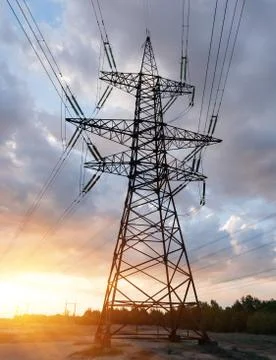 High voltage post. High-voltage tower sky background. Stockfoto's