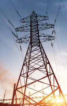High voltage post. High-voltage tower sky background. Stock-Fotos