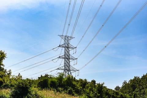 High voltage post, High voltage tower sky background on the mountain forest,  Stock Photos