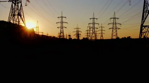 High voltage post at sunset Stock Footage 136809683