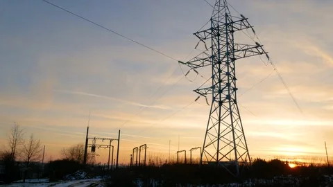 High voltage post.High-voltage tower sky background Stock Footage 81185073