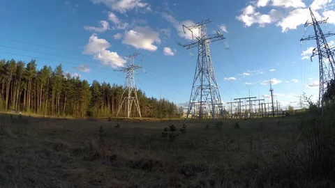 High voltage post.High-voltage tower sky background Time-lapse Stock Footage 88747729