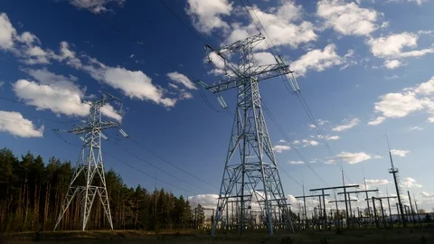 High voltage post.High-voltage tower sky background Time-lapse Stock Footage 88747730