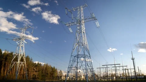 High voltage post.High-voltage tower sky background Time-lapse Stock Footage 88747731