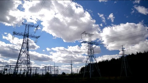High voltage post.High-voltage tower sky background Time-lapse Stock Footage 88786733