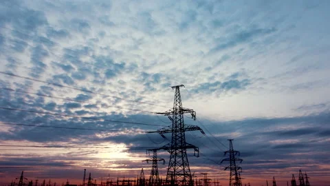 High voltage post.High voltage tower sky background. High voltage power lines Stock Footage 154374161