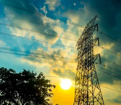 High voltage post.high-voltage tower sky background. Stock Photos
