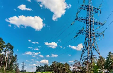 High voltage post,High voltage tower sky sunset background. Foto stock