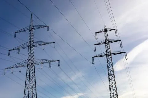 High voltage post.High-voltage tower sky background in Germany Foto stock
