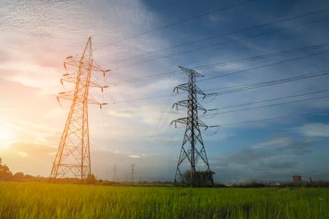 High voltage post,High voltage tower sky sunset background Fotos de archivo