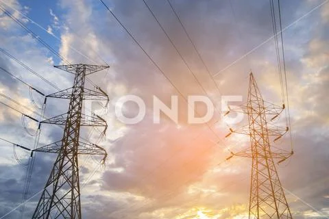 High voltage post,High voltage tower sky sunset background Stock Photos