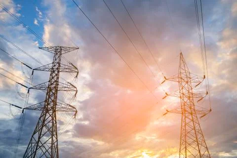 High voltage post,High voltage tower sky sunset background Foto stock