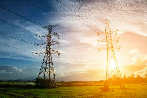 High voltage post,High voltage tower sky sunset background Фото