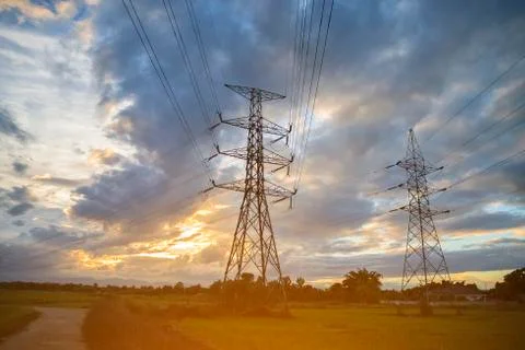High voltage post,High voltage tower sky sunset background Foto stock
