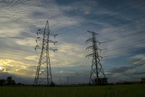 High voltage post,High voltage tower sky sunset background 写真素材