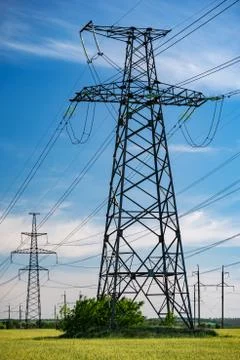 High voltage post.High-voltage tower sky background. Stockfoto's