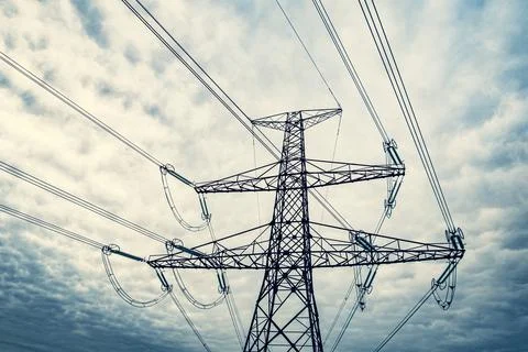 High voltage post,High voltage tower sky surise background Stock Photos