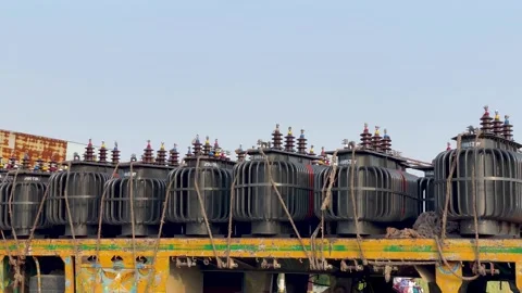 High Voltage Power Distribution Transformers Ready for Transportation Stock Footage 341083378