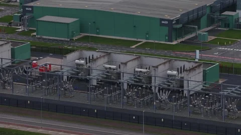High Voltage Power Installation at Large Data Center Aerial View Stock Footage 324882733