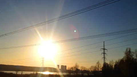 High-voltage power line on the background of the sun Stock Footage 62890812