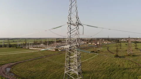 High-voltage power line on the background of a high-voltage substation. Stock Footage 160474308