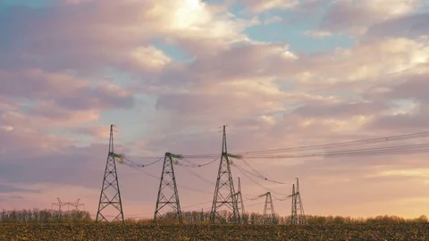High voltage power line at evening sky Stock Footage 74601072