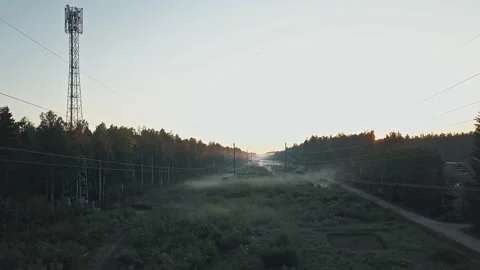 High voltage power line in the forest in fog in the morning Stock Footage 172360523