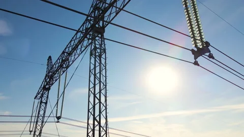 High voltage power line with insulation divider of electric power wires for safe Video stock 170169635