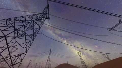 High-voltage power line tower under the starry sky at night Stock Footage 318566841