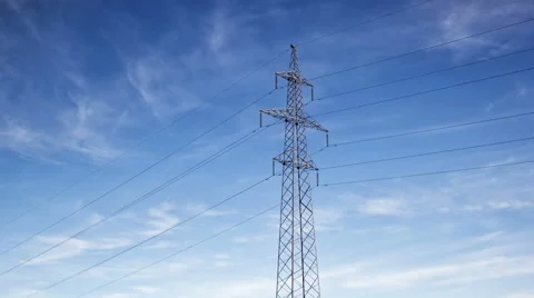 High voltage power lines and electricity pylon on sky background, Time lapse Stock Footage 67620017