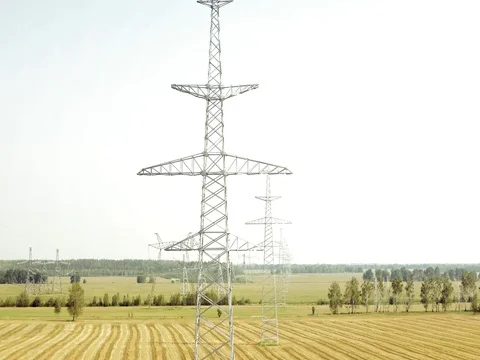 High voltage power lines and pylons Stock Footage 81079229