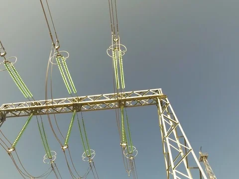 High voltage power lines and pylons Stock Footage 81082057