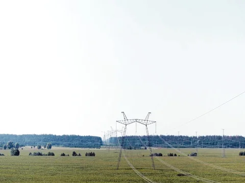 High voltage power lines and pylons Stock Footage 81086562