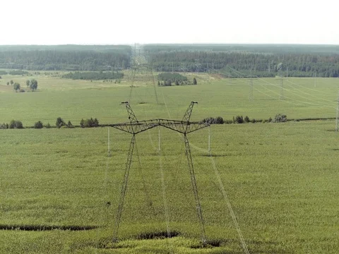 High voltage power lines and pylons Stock Footage 81141241