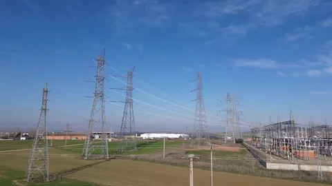 High Voltage Power Lines and Electric Substation – Electricity Infrastructure Stock Footage 330731227