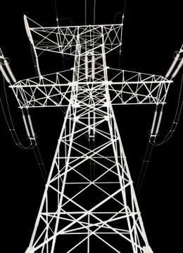 High voltage power lines and pylon on a black background. Stock Illustration