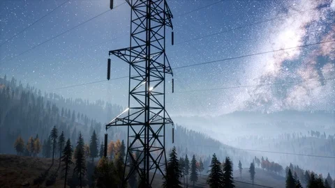 High-voltage power lines on the background of the starry sky Stock Footage 98860035