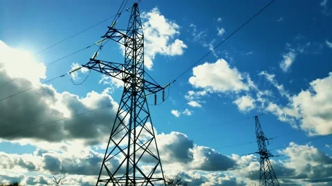 High Voltage Power Lines. Electricity Transmittion Tower Cable Wire Stock Footage 141707024