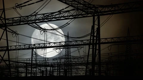 High-voltage power lines. Electricity distribution station by Night with Moon Stock Footage 146069751
