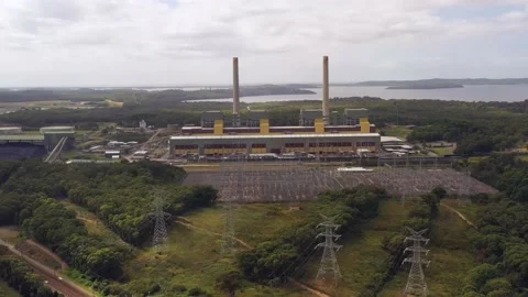 High-voltage power lines to Eraring power plant in aerial 4k view, Australia. Stock Footage 172222290
